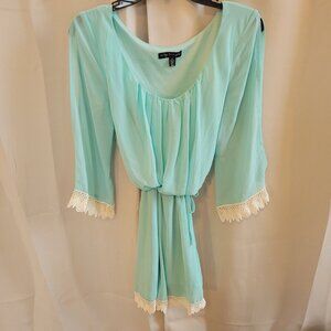 VTg City Triangles Dress Medium Blue Green Lace Sheer Fairy Romantic Boho‎ 17236